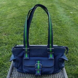 The SAK Belinda Denim Blue Knit Shoulder Bag Preppy Woven Ribbon Straps 13” x 7”